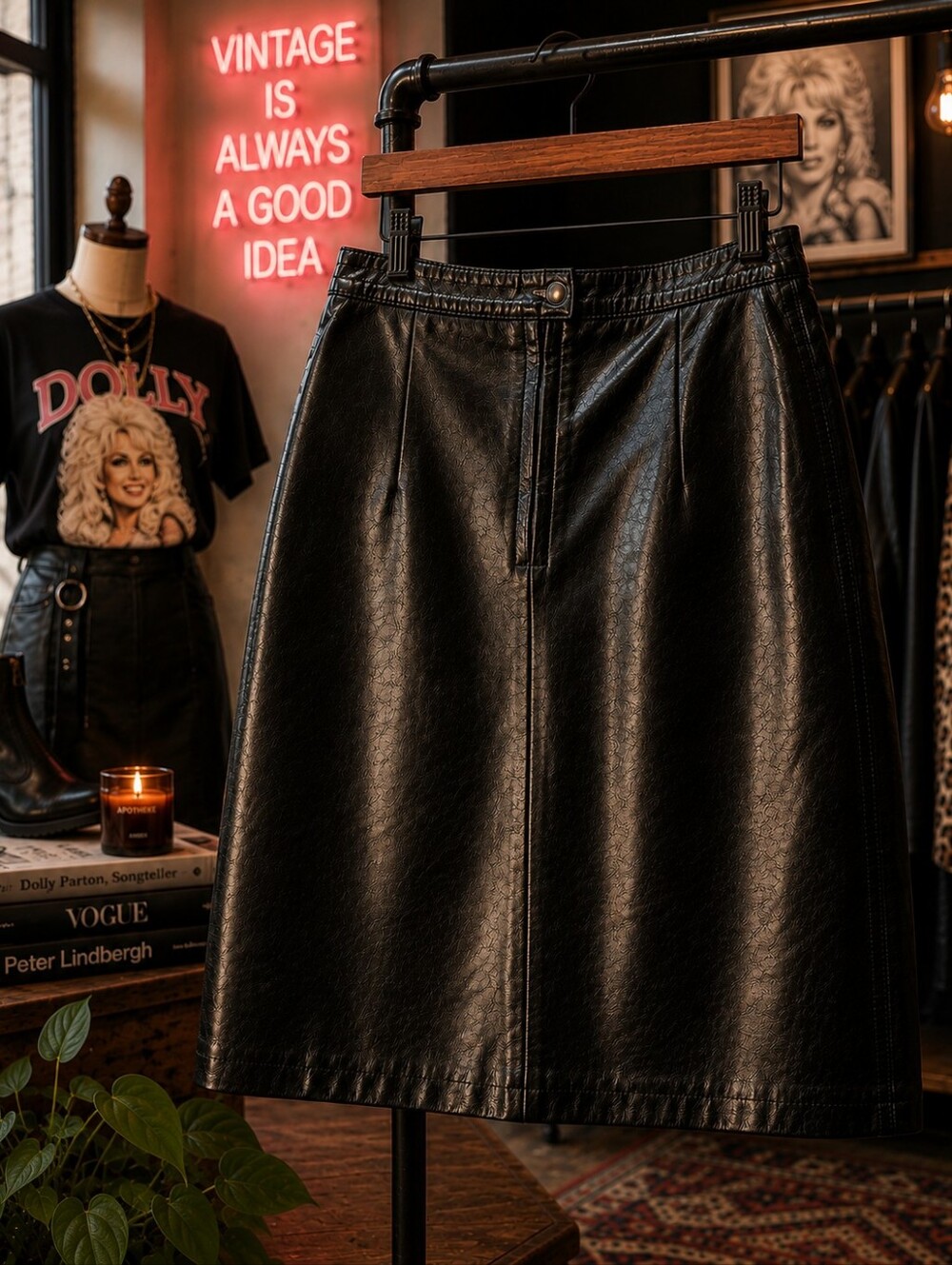 Vintage 80s  Black Genuine Leather Skirt Size 11/12 Medium